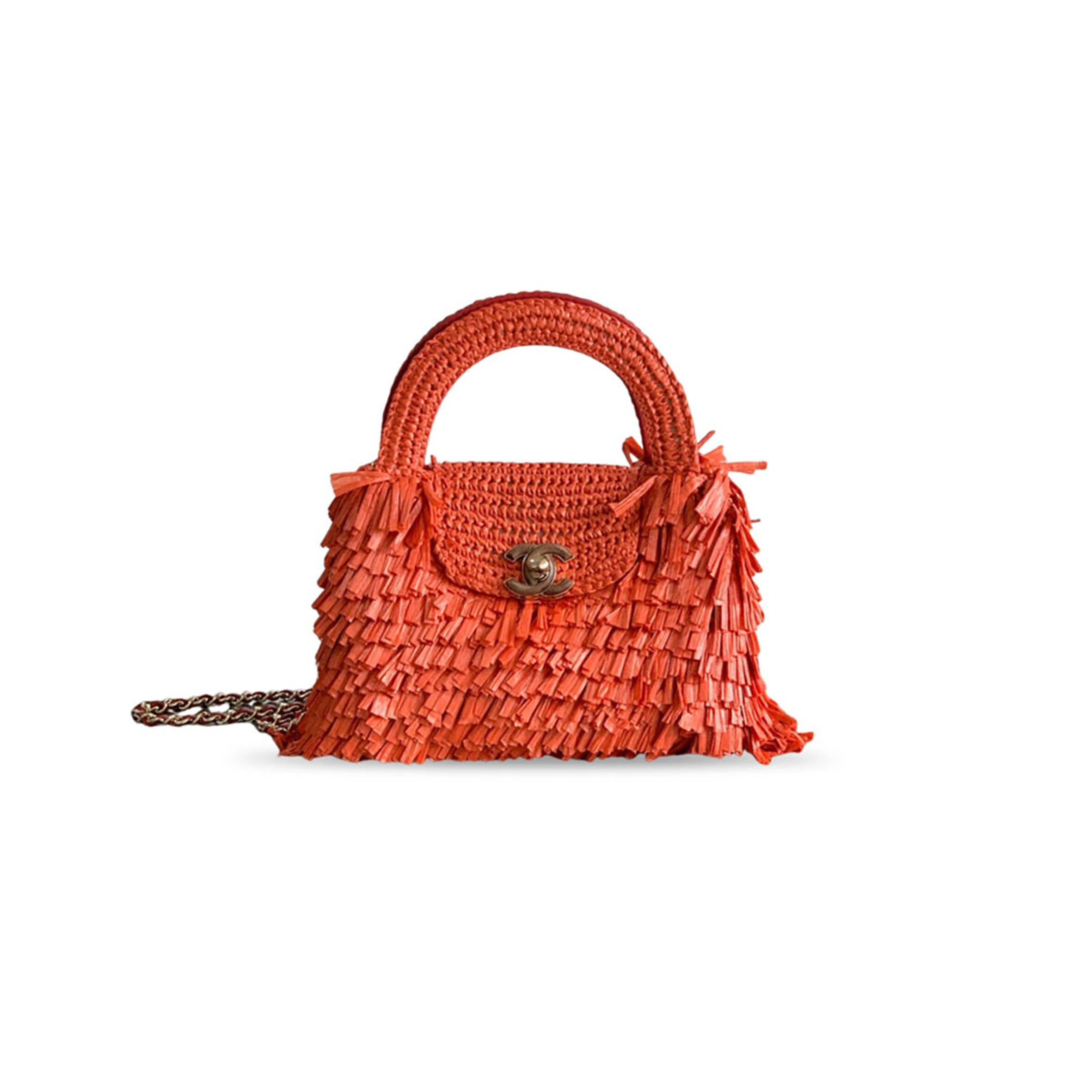 CHANEL MASTER SMALL FRINGE KELLY RAFFIA WOOD AND LIGHT GOLD HARDWARE (19*13*7cm)